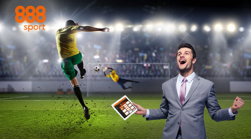 Un ragazzo davanti a un tablet esulta per aver vinto una scommessa. Sullo sfondo calciatori in azione e il logo di 888sport