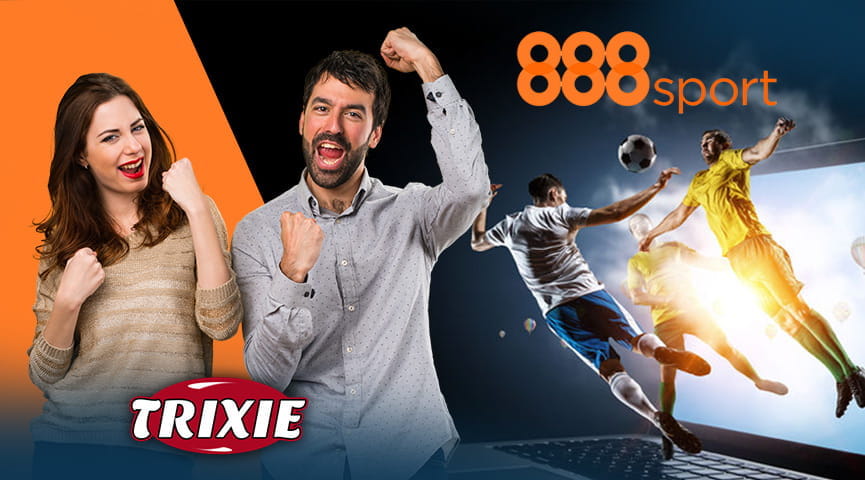 Un ragazzo e una ragazza esultano, calciatori in azione durante una partita, il logo di 888sport e il logo Trixie