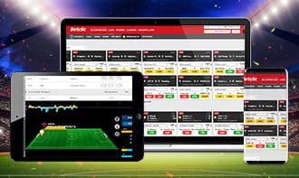 Un laptop, uno smartphone e un tablet che mostrano l'app di Betclic