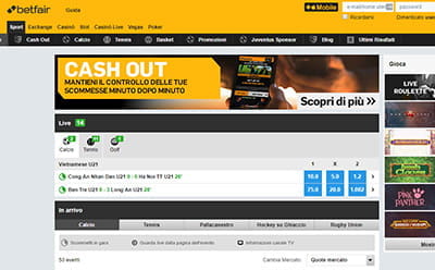 La schermata della sezione live su Betfair
