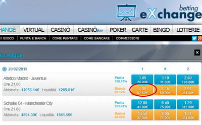 La schermata di un sito di betting exchange con la selezione della nostra giocata