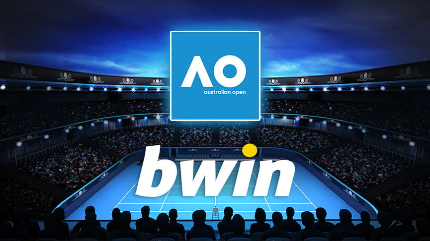 Un campo da tennis in cemento blu, con il logo dell’Australian Open e il logo di bwin