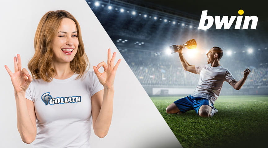 Una ragazza con una maglietta con il logo Goliath, un calciatore con una coppa, il logo di bwin