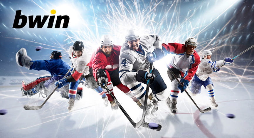 Il logo di bwin e alcuni giocatori di hockey su ghiaccio in azione