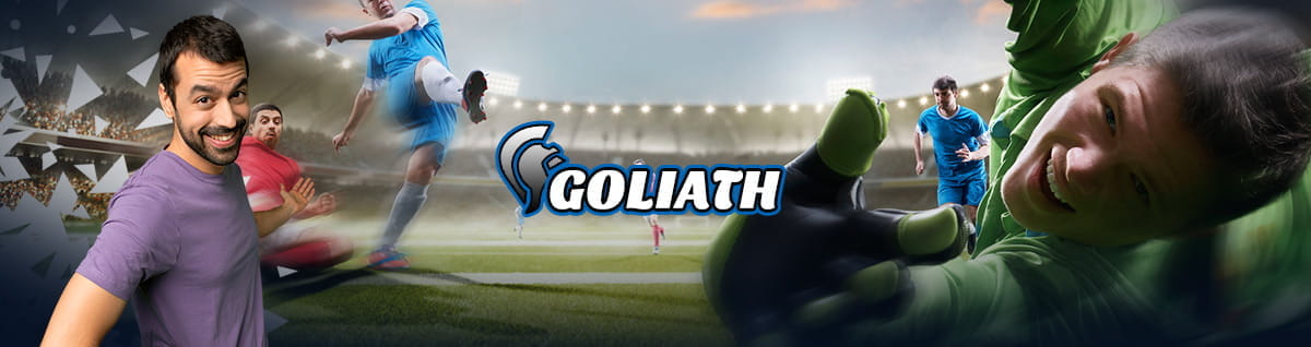 Un ragazzo, alcuni calciatori e la scritta Goliath