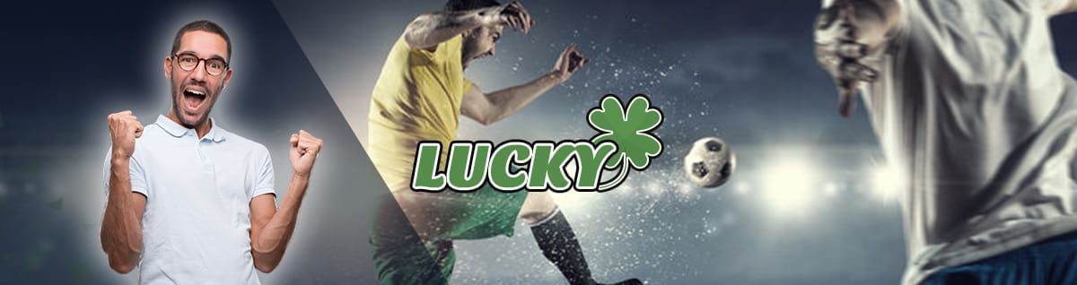 Un ragazzo esulta, calciatori in azione e la scritta Lucky