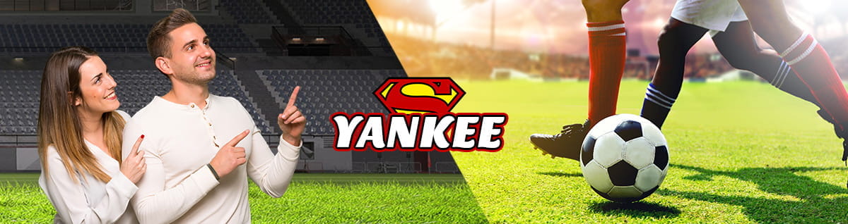 Una ragazza e un ragazzo esultano, calciatori in azione e la scritta Super Yankee