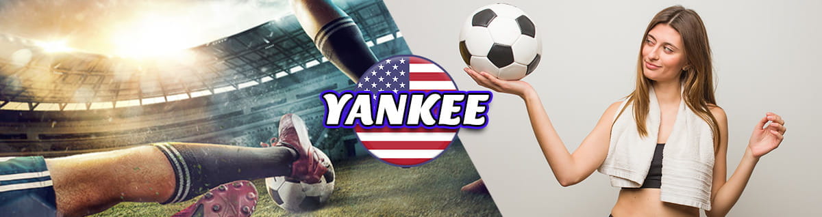 Una ragazza con un pallone, calciatori in azione e la scritta Yankee