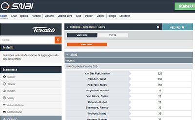 La pagina delle scommesse sul ciclismo di SNAI