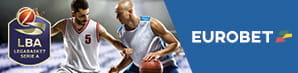 Giocatori di basket in azione, il logo di Eurobet e della LBA