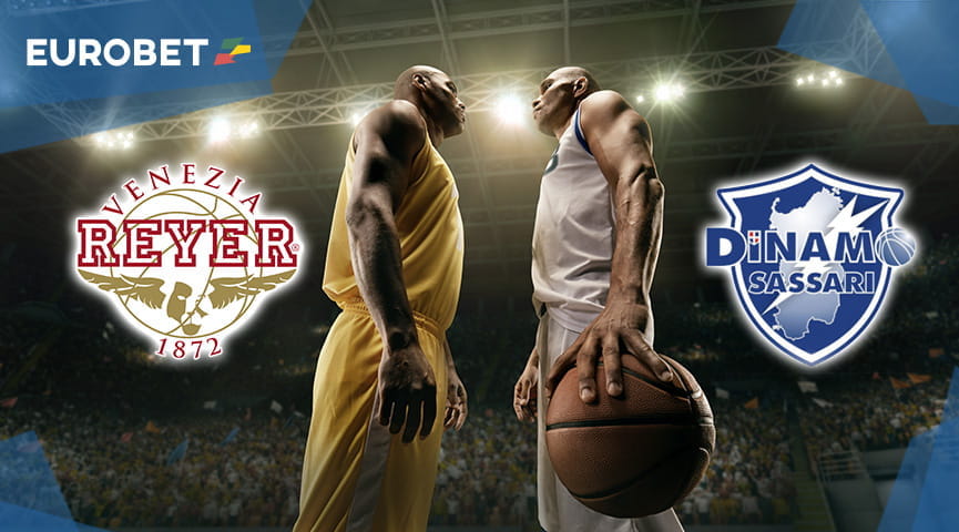 Giocatori di basket a confronto, il logo di Eurobet e gli stemmi di Reyer Venezia e Dinamo Sassari