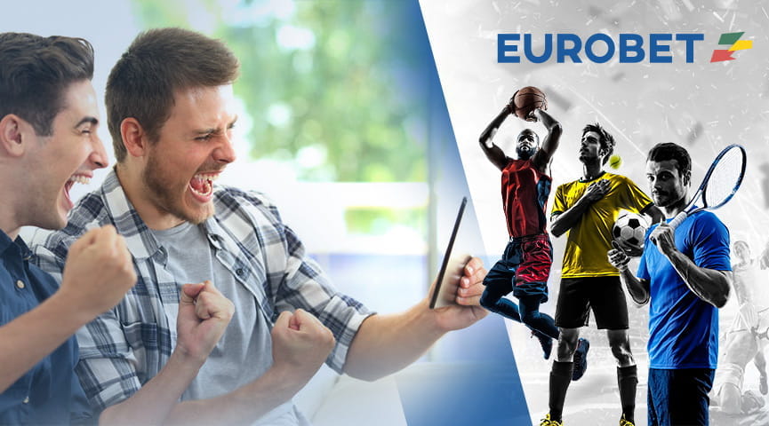 Alcuni ragazzi esultano dopo aver vinto una scommessa sportiva. Sullo sfondo atleti di calcio, basket e tennis e il logo di Eurobet