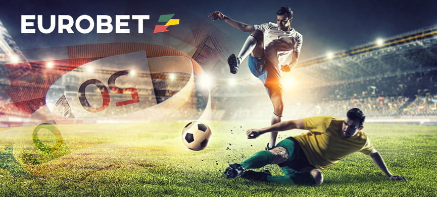 Il logo di Eurobet, due calciatori in azione e dei soldi