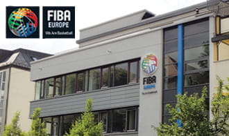 La sede della FIBA, Federazione Internazionale Basket, che organizza l'Euroleague, e il logo della federazione