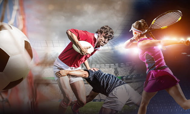 Un pallone da calcio, tennisti e giocatori di rugby in azione