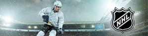Un giocatore di hockey su ghiaccio in azione e il logo della NHL