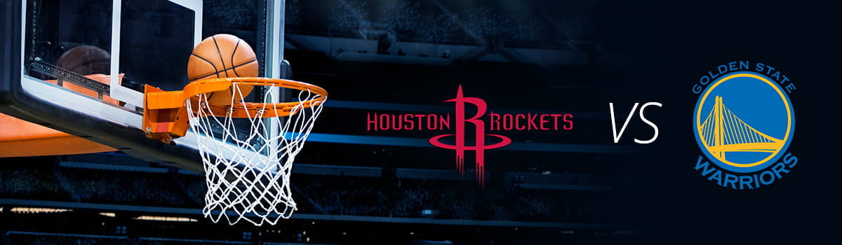 Un canestro e i loghi di Houston Rockets e Golden State Warriors
