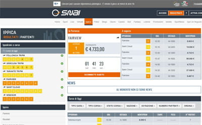 La pagina delle scommesse sull'ippica di SNAI