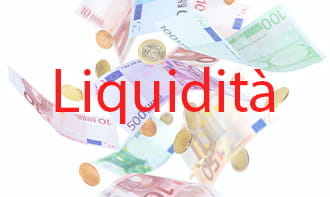 Banconote e monete di tagli e conii diversi e la scritta Liquidità