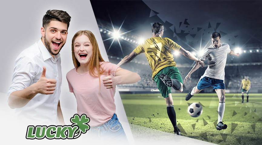 Un ragazzo e una ragazza esultano, calciatori in azione durante una partita e il logo Lucky
