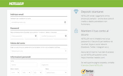 Il form di inserimento dei dati anagrafici personali sul sito di Neteller