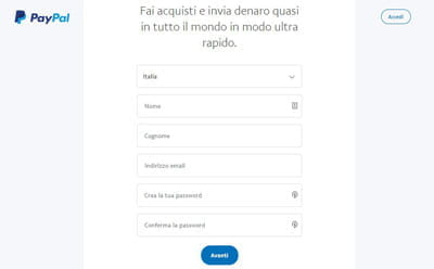 Il form di inserimento dei dati anagrafici personali sul sito di PayPal