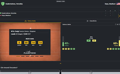 Una partita di tennis con le statistiche in diretta su Planetwin365