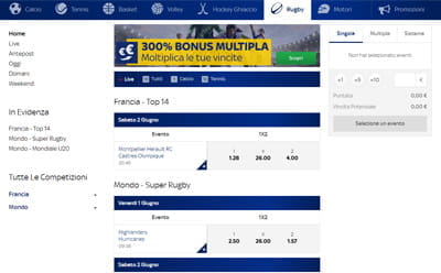 La pagina delle scommesse sul rugby di Sky Bet