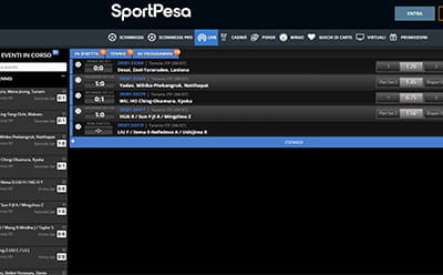 La schermata dedicata alle scommesse live di SportPesa