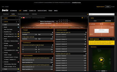 La pagina delle scommesse live sul tennis di bwin