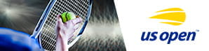 La mano di un tennista, una racchetta e una pallina e il logo dello US Open