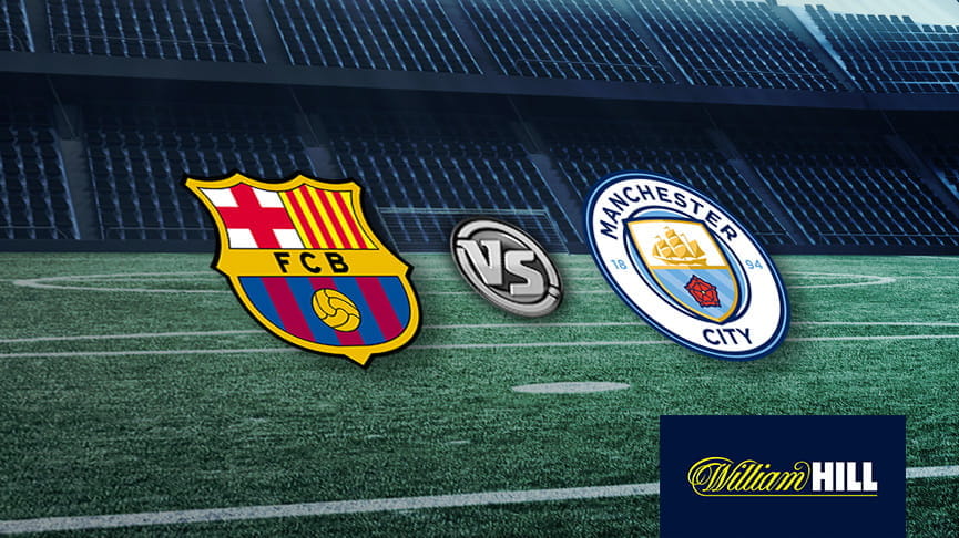 Il logo di William Hill e gli stemmi di Barcellona e Manchester City