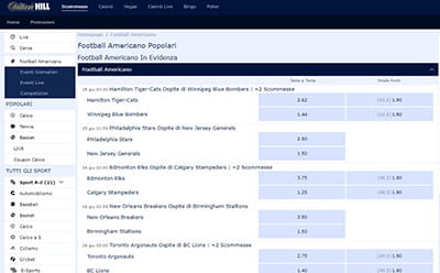 La pagina delle statistiche football americano live di William Hill