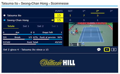 Un match di tennis trasmesso in streaming dal vivo su William Hill, con le relative statistiche live